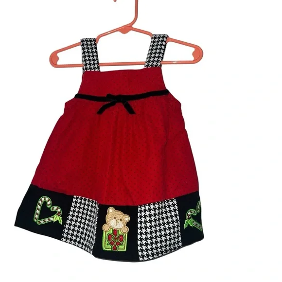 Baby girls red black polka dot houndstooth Christmas jumper dress 12m candy cane - Picture 1 of 3